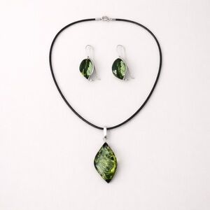 Genuine Green Amber Teardrop Jewelry Set – 925 Sterling Silver